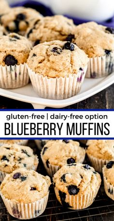 blueberry muffins on a white plate with text overlay