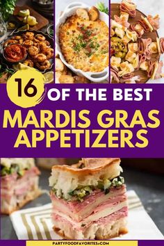 the best mardi gras appetizers are featured in this collage with text overlay