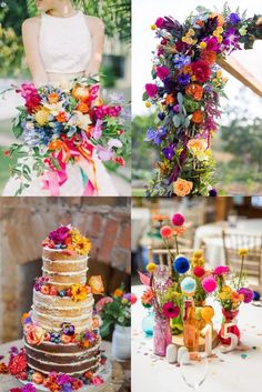 four different wedding cakes decorated with flowers and greenery are shown in this collage