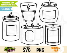 a set of three candles and two jars with labels on the bottom, in black and white