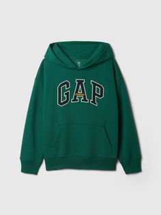 Soft cotton-blend hoodie.  Hooded neckline.  Long sleeves.  Gap Athletic logo at front.  Kanga pocket.  Banded hem.  Straight, easy fit.  Hits at the hip. Essex Green, Gap Sweatshirt, Gap Hoodie, June Bug, Gap Logo, Kids Athletic, Hoodie Green, Boys Sweatshirts, Boys Sweaters