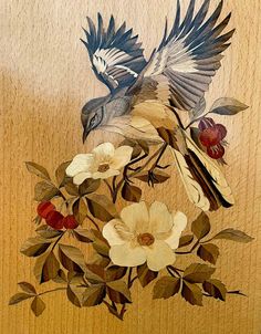 a painting of a bird sitting on top of flowers