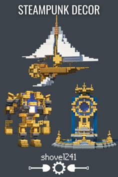 the steampunk decor is shown in gold and blue, as well as an image of