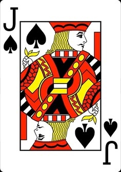 the queen of spades playing card is shown in red, yellow and black colors