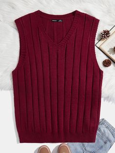 Maroon Vest Outfit Men, Red Vest Men, Vest Outfits Men, Men Knitwear, Guys Fashion Casual, Sweater Vest Mens, Classy Outfits Men, Sweater Vests, Knit Sweater Vest