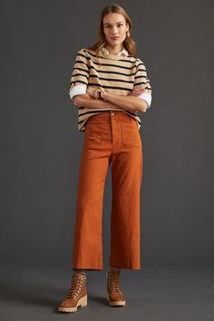 Rent Colette Cropped Wide-Leg Pants from Nuuly. Pick 6 items for $98/month. Free shipping + returns. Front Patch Pocket Pants, Color Pants Women, Funky Smart Casual Women, Anthropologie Wide Leg Pants, Colette Cropped Wide-leg Pants, Anthropologie Maeve Pants, Anthropologie Colette Pants Outfit, Anthropology Work Outfit, Light Orange Pants Outfit