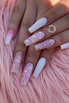 Long Acrylic Nail Designs, Colorful Nails, Acrylic Nails Coffin Pink, White Nail, Bling Acrylic Nails