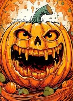 a pumpkin with an evil face on it's head, surrounded by leaves and water