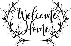 the words welcome home are in a circle surrounded by leaves and dots on a white background