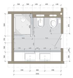 the floor plan for a small bathroom with two sinks and a toilet in one room