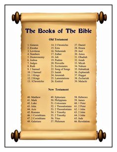 the books of the bible are displayed on an old parchment paper with scroll ends and numbers