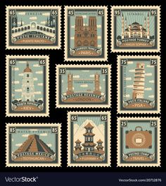 postage stamps with the image of different cities and landmarks on them, all in different colors