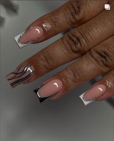 Cheap But Cute Nails, French Tip And Silver Nails, Classy Birthday Nails Short, Simple Short Acrylics, Acrylic Nails For Birthday, Pink And Silver Acrylic Nails, Medium Length Nail Designs, Nails With Chrome Design, Silver Birthday Nails