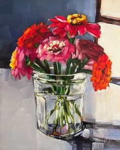 a painting of red and yellow flowers in a glass vase