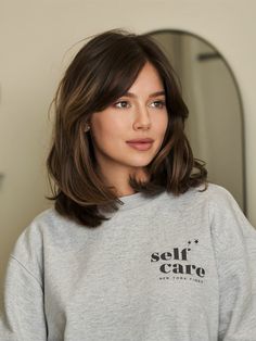 Brown Medium Short Hair, Asian Collarbone Hair, Jessica Stroup Hair, Chestnut Shoulder Length Hair, Brown Lob Straight, Sleek Brunette Hair, Balayage Hair Short Brown, Black Collarbone Length Hair, Short Layered Colored Hair