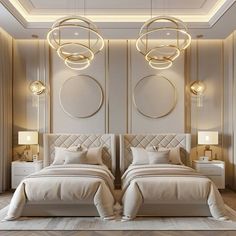 a bedroom with two beds and lamps on the wall