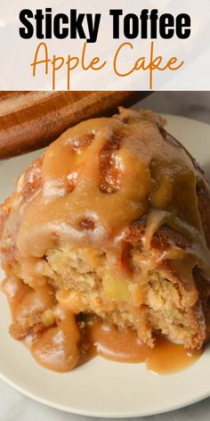 sticky toffe apple cake on a white plate