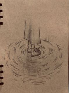 a drawing of a person standing in the water with their feet up on a pole