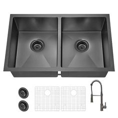 double bowl stainless steel kitchen sink with faucet and strainer, drainers and accessories