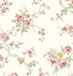 a floral wallpaper with pink flowers and green leaves on the bottom half of it