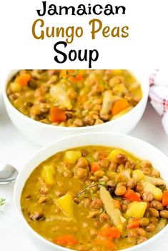 two white bowls filled with soup on top of a table