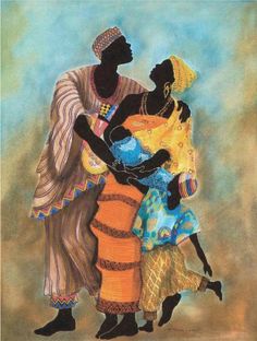 a painting of two women carrying a baby in her arms and wearing headdress