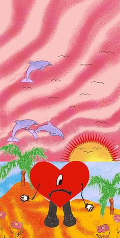 a drawing of a heart on a beach with dolphins in the background