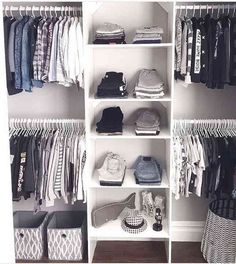 an organized closet with clothes, shoes and other items on shelves in white painted walls