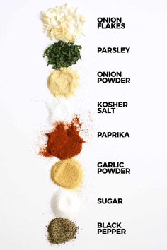 spices are arranged in the shape of a flower on top of each other, including garlic, parsley, kohl powder, paprika and sugar