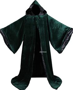 eBay  Measurements: This robe measures appx. 60" long from the center back neck to the bottom of the robe. The full shoulder width is 22", and the sleeve length 27". The maximum chest size to wear this cloak and have it fully close in front is 56" (however, it will fit someone larger than that if worn open in front). The gently-sloping (not pointed) hood is about 16" deep at its deepest point and about 21" high when lifted straight off the shoulders to its peak. Hooded robe is made from a velvet. Its deep hood and oversized bell sleeves are fully lined in colored satin (the body of the robe is unlined). It has a yoked shoulder area, and the sleeves are gathered slightly onto the shoulders, giving an elegant and full, draped look. The robe ties in front at the throat with a long tie made fr Wizard Robe, Wizard Robes, Hooded Robe, Velvet Material, Christmas Carol, Cloak, Chest Size, Bell Sleeves, Off The Shoulder