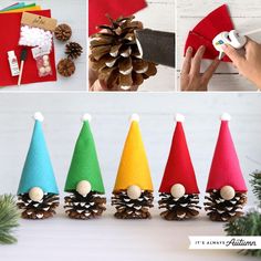 pine cone cones are used to make christmas decorations for the holiday season, and then put them in gnome's hats