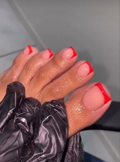 Nail Ideas Feet Summer, Red French Tip Nails Pedicure, Short Red Tip Acrylic Nails, Toe Nail Valentine Designs, Acrylic Nails Toes Art Designs, Cute Acrylic Toes Design, Valentines Nails And Toes, Red Mani And Pedi, Valentine Toes Nails