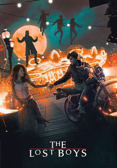 the lost boys movie poster with two people on a motorcycle in front of an amusement park