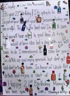 a handwritten birthday card with lots of bottles on it