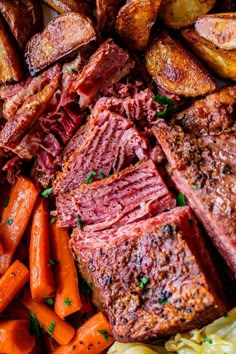 roast beef, carrots and potatoes on a plate