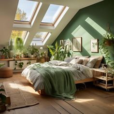 an attic bedroom with green walls and plants on the windows sill above the bed