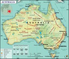 a map of australia with all the major cities and towns on it's side