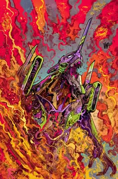 an abstract painting of a robot on fire