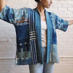 Pola Dasar, Pola Jaket, Quilted Kimono, Quilted Jacket Pattern, Diy Kimono, Indigo Mudcloth, Japanese Jacket, Quilted Clothing, Patchwork Kimono