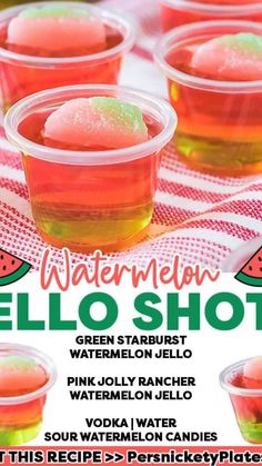 there is a poster for watermelon jello shots on the table with other drinks