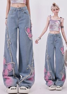 Colorful Y2k Outfits, Cute Baggy Pants, Baggy Street Style, Aesthetic Pants, Shimmery Dress, Color Butterfly, Fashion Vibes, Denim Details, Wide Pants