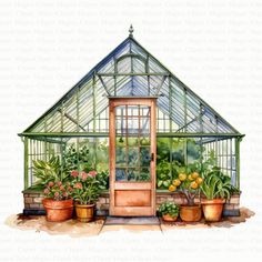 a watercolor painting of a greenhouse with potted plants