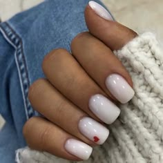 Milky White With Hearts Nails, Milky Nails With Hearts, Milky White Valentines Nails, White Nails Valentines Day, Valentines Day Nails White, White Valentine Nails, White Nails With Red Heart, White Nails With Heart, White Valentines Day Nails