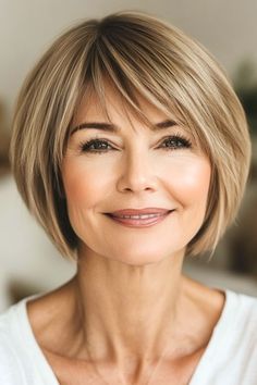 Save this pin for the best hairstyles for women over 60 with bangs. A sleek and sophisticated choice, this short bob gives you a classic yet modern look. The tapered shape hugs the neckline for a flattering shape. Fringed Bob Haircut, Layered Bob Hairstyles With Bangs, Layered Bob With Fringe, Over 60 Short Hairstyles, Older Hairstyles, Bob With Wispy Bangs, Chic Short Haircuts