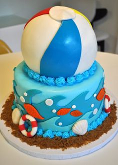 there is a cake that looks like it has a beach ball on top of it