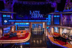 the late show set is lit up at night