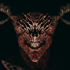 an evil demon with horns and fangs on his face is staring at something in the dark