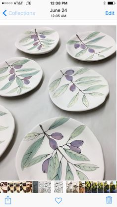 several plates with olives painted on them are shown in the instagramr screen