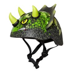 a helmet with green and yellow designs on it's face, featuring an angry dragon