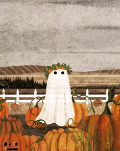 a painting of a white ghost surrounded by pumpkins